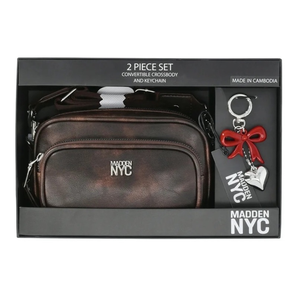 Madden NYC Camera Handbag with Charm Keychain, Weathered Brown, NWT